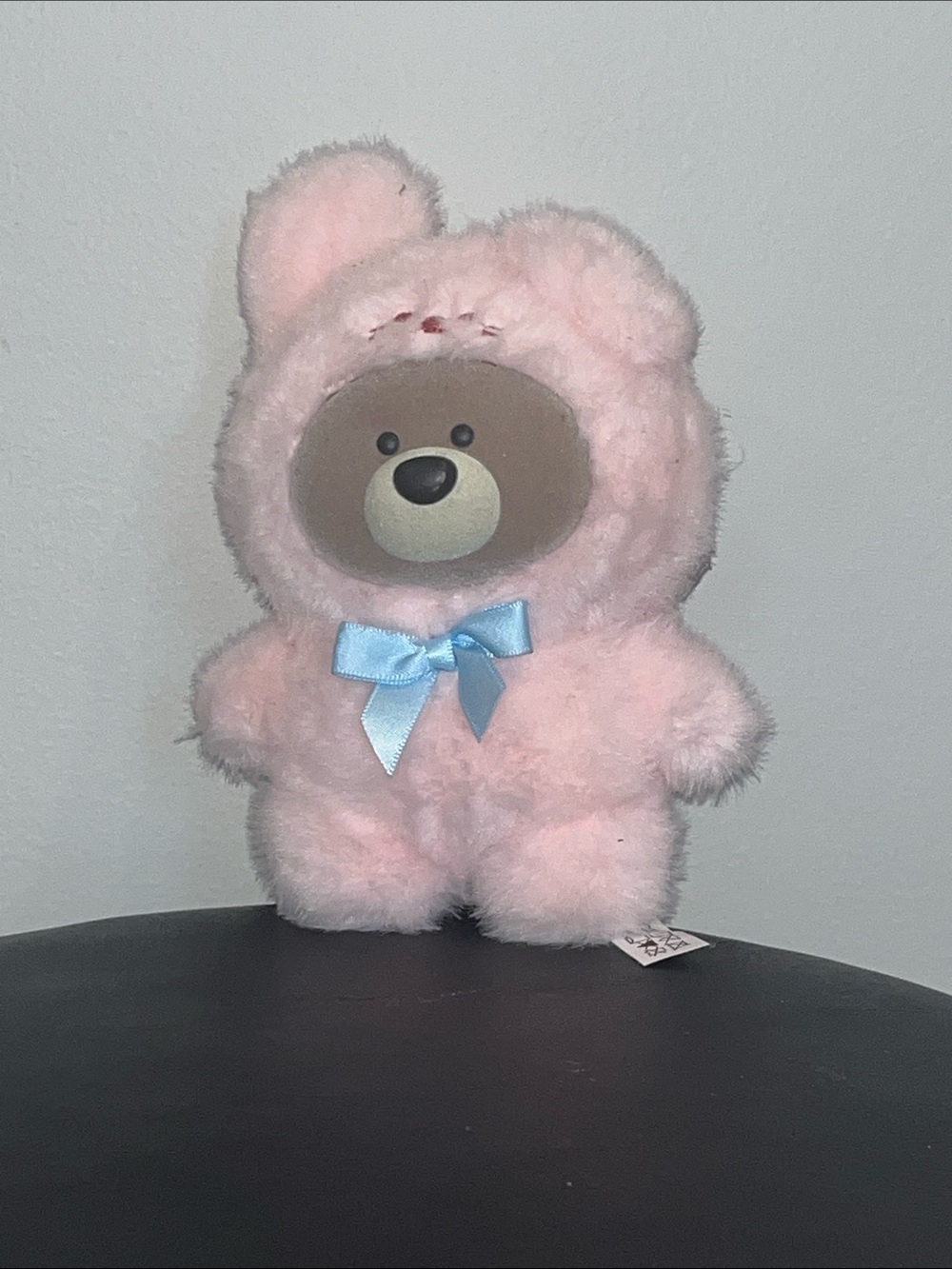 Plush Pink Teddy Bear with Blue Bow - Cute bag/keychain access accessory